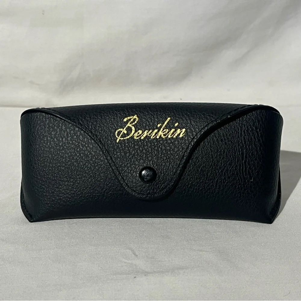 VTG Berikin Eyeglass Case Pebbled Leather Gold Script Signature Felt Interior
